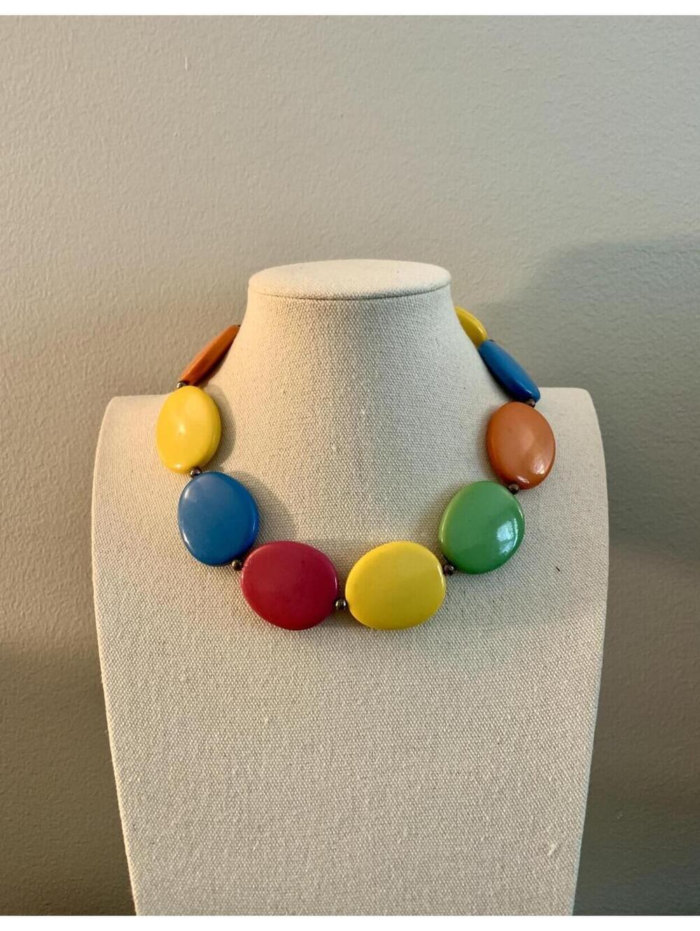 Vintage Multi Color Chunky Bead Necklace Retro Rainbow Statement Jewelry